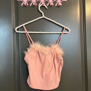 SHEIN Pink Feather Trim Cami Top